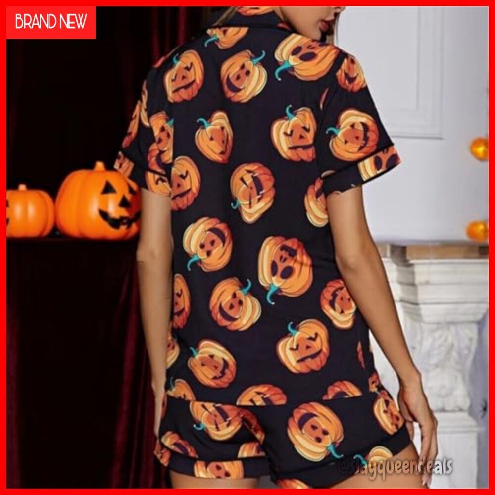 Women's Halloween Pajama Set Pumpkin Print Short Sleeve Blouse Lounge Shorts - Picture 3 of 3